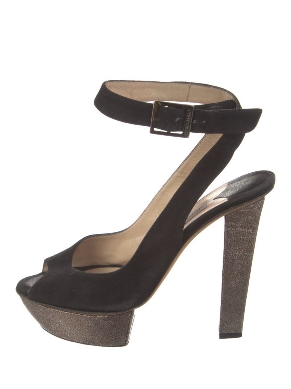 Jimmy Choo Black Suede Ankle-Strap Platform Sandals with Glitter Heel